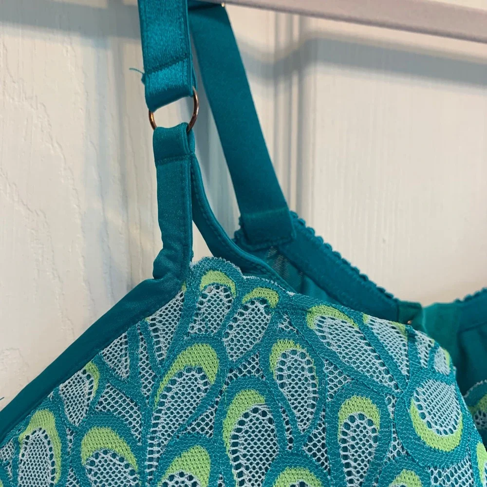 Savage X Fenty Bra 44D Teal Green Paisley Lace Underwire Body Positive Colorful